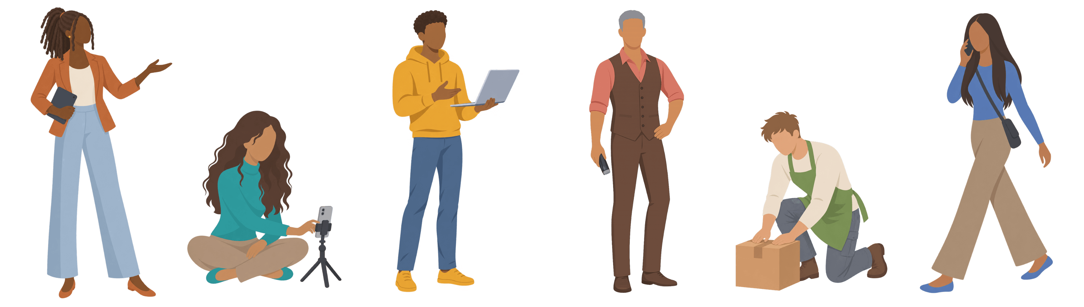 Illustrations of six entrepreneurs: a consultant, a content creator filming, a tech founder with a laptop, a barber, a maker packing an order, and a saleswoman on the phone
