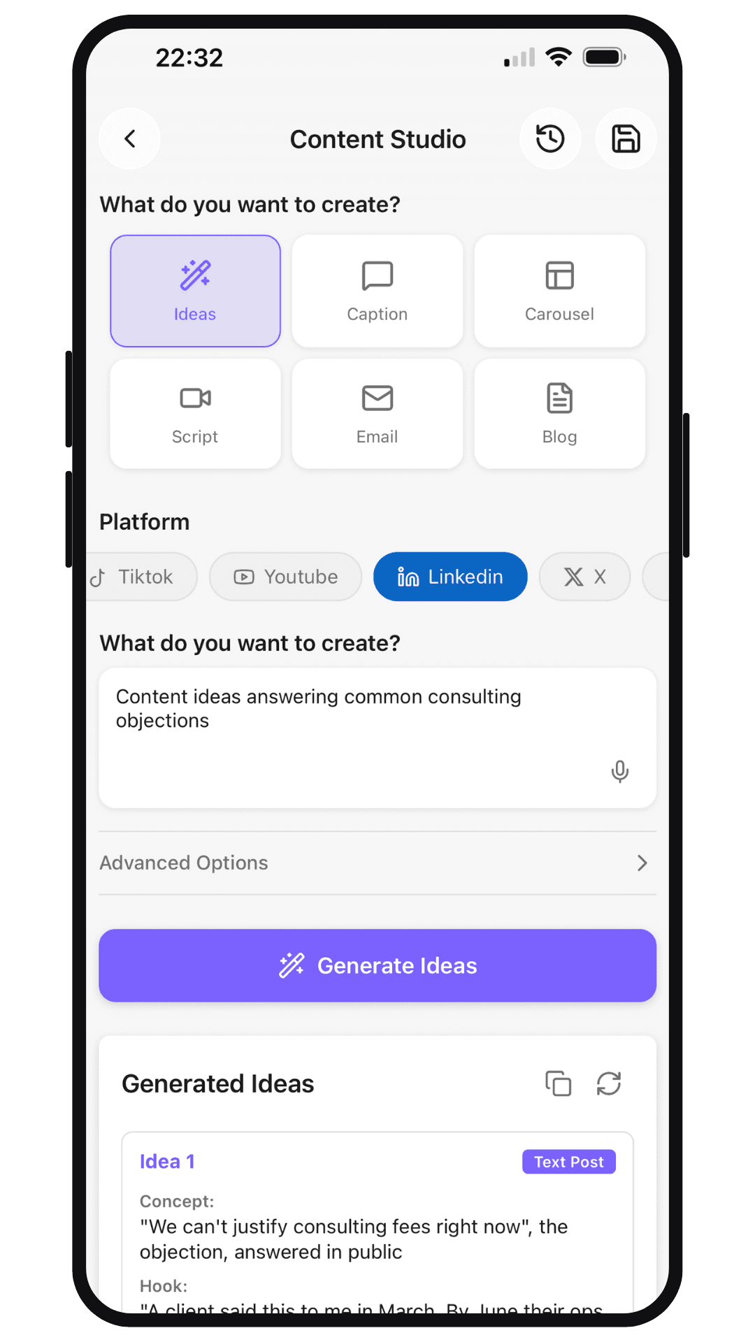 Aseyi Content Studio generating content ideas for LinkedIn