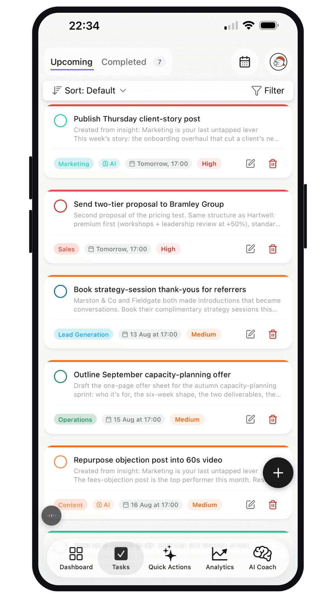 Aseyi task list with system-tagged tasks, priorities, and AI-created tasks