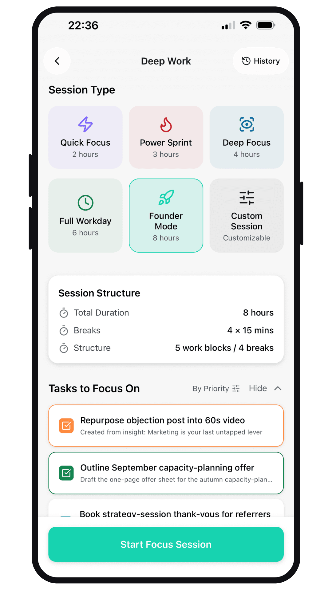 Aseyi Deep Work screen with focus session presets and tasks to focus on